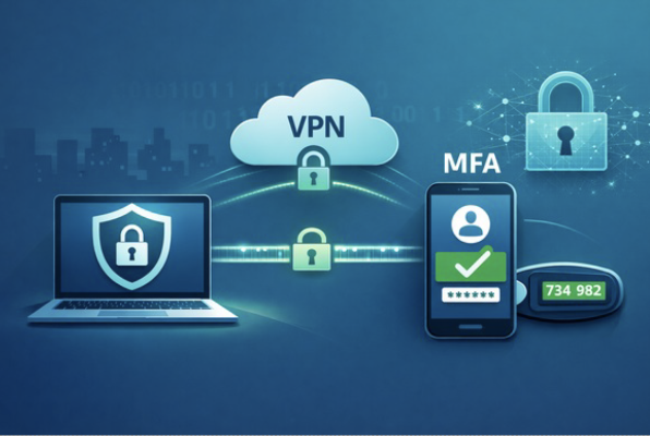 Grafische Darstellung eines VPN-Zugangs mit Multifaktorauthentifizierung (MFA): Laptop mit Sicherheitssymbol, VPN-Cloud, Smartphone mit Bestätigungscode und Sicherheitstoken zur Absicherung von Unternehmensnetzwerken.