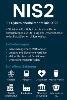 Infografik zur NIS2-Richtlinie der EU mit Anforderungen und betroffenen Sektoren der Cybersicherheit.