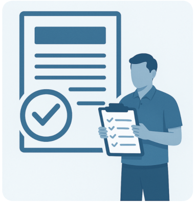 Illustration einer Person mit Checkliste und geprüftem Dokument.