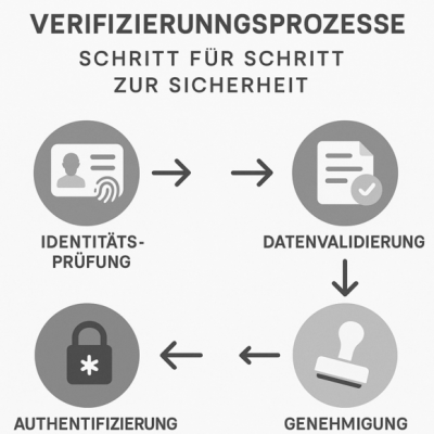 Grafik „Verifizierungsprozesse“ (Identitätsprüfung, Datenvalidierung, Genehmigung, Authentifizierung)